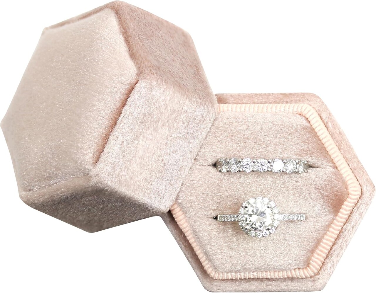 Hexagon Velvet 2 Slots Jewelry Storage Ring Box Engagement Ring Box Wedding Day Detachable Lid for Proposal Engagement Wedding Ceremony (Blush Peach)